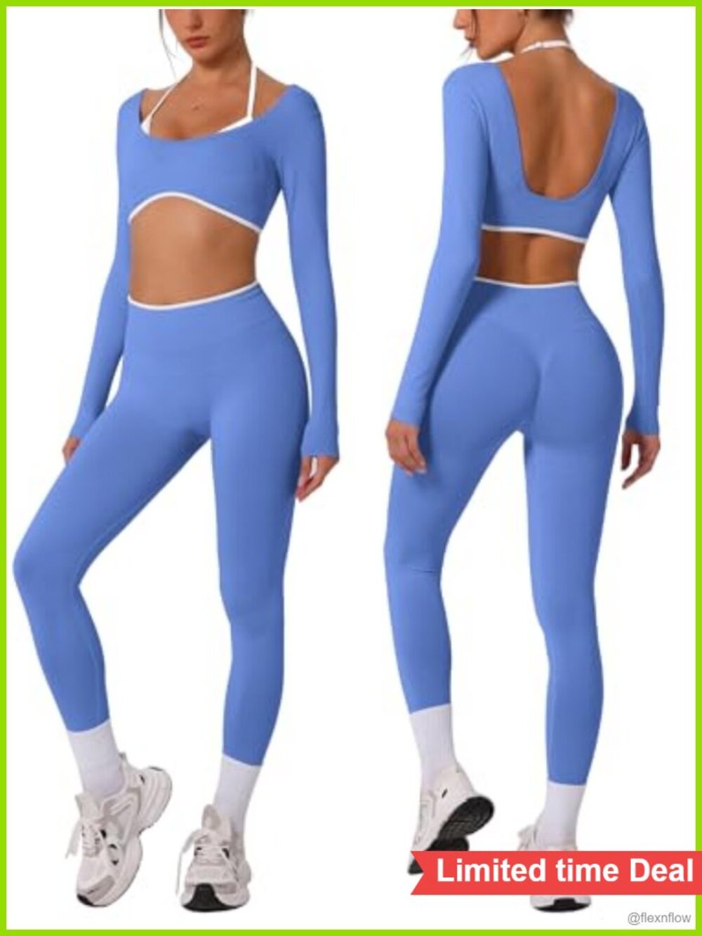 Seamless 2 Piece Workout Set Long Sleeve Crop Top Scrunch Butt Leggings